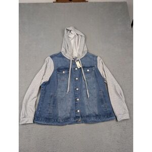 Agnes Orinda Jacket Womens 2XL Plus Blue Denim‎ Hooded Trucker Grey Sleeves